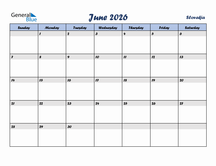 June 2026 Calendar with Holidays in Slovakia