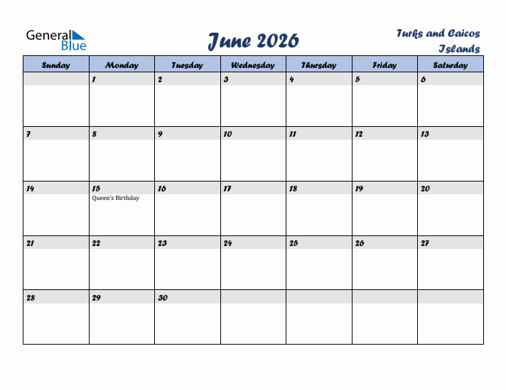 June 2026 Calendar with Holidays in Turks and Caicos Islands