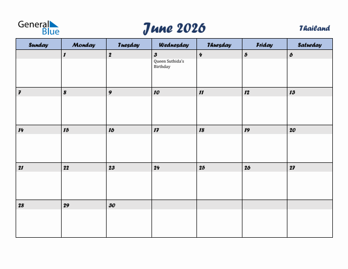 June 2026 Calendar with Holidays in Thailand