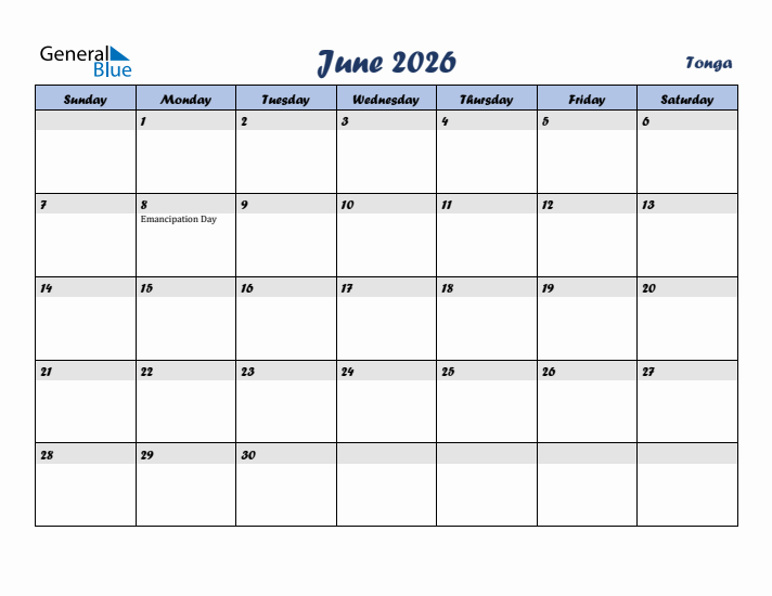 June 2026 Calendar with Holidays in Tonga