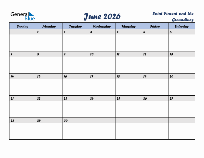 June 2026 Calendar with Holidays in Saint Vincent and the Grenadines