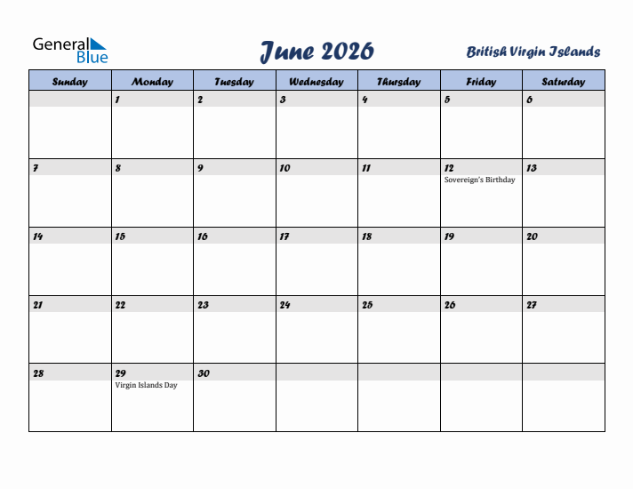 June 2026 Calendar with Holidays in British Virgin Islands