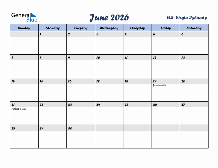 June 2026 Calendar with Holidays in U.S. Virgin Islands