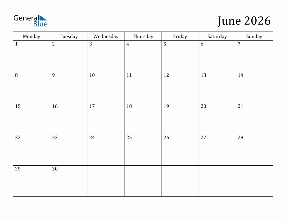 June 2026 Monthly Calendar