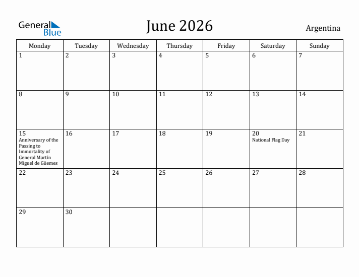 June 2026 Calendar Argentina