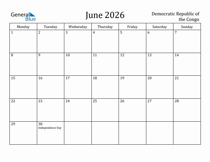 June 2026 Calendar Democratic Republic of the Congo