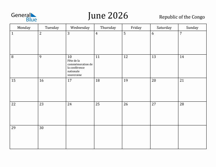 June 2026 Calendar Republic of the Congo