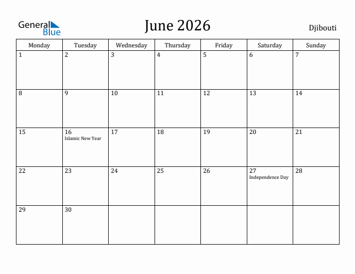 June 2026 Calendar Djibouti