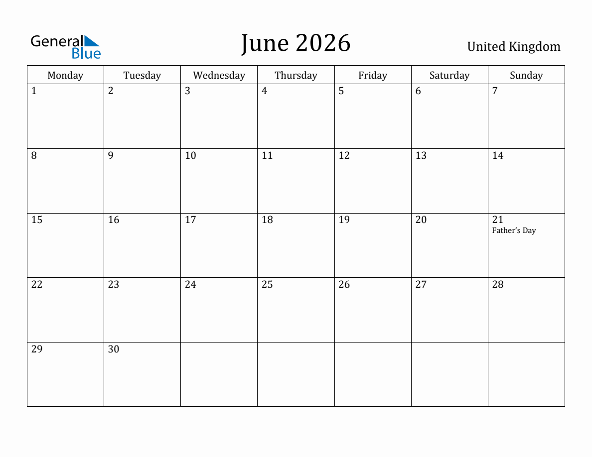 United Kingdom Monthly Calendar - June 2026 (Monday Start)