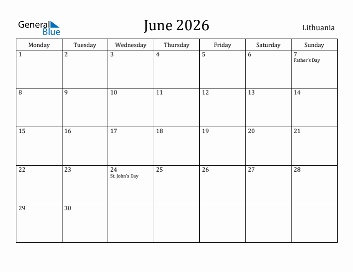 June 2026 Calendar Lithuania
