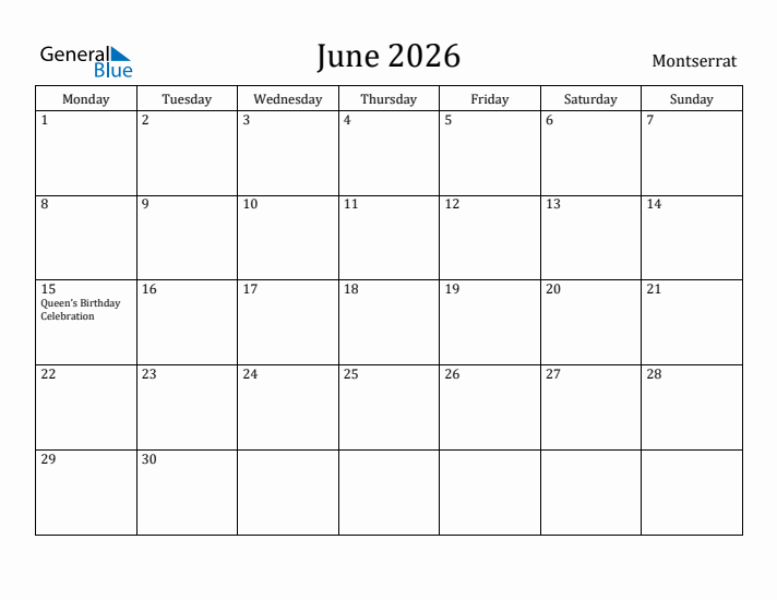 June 2026 Calendar Montserrat