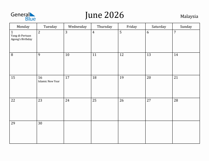 June 2026 Calendar Malaysia
