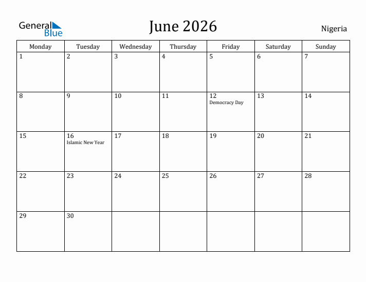 June 2026 Calendar Nigeria