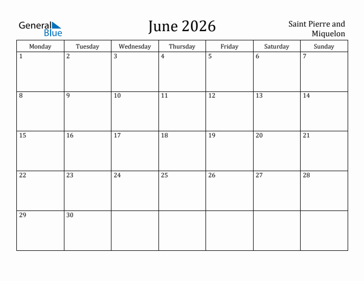 June 2026 Calendar Saint Pierre and Miquelon