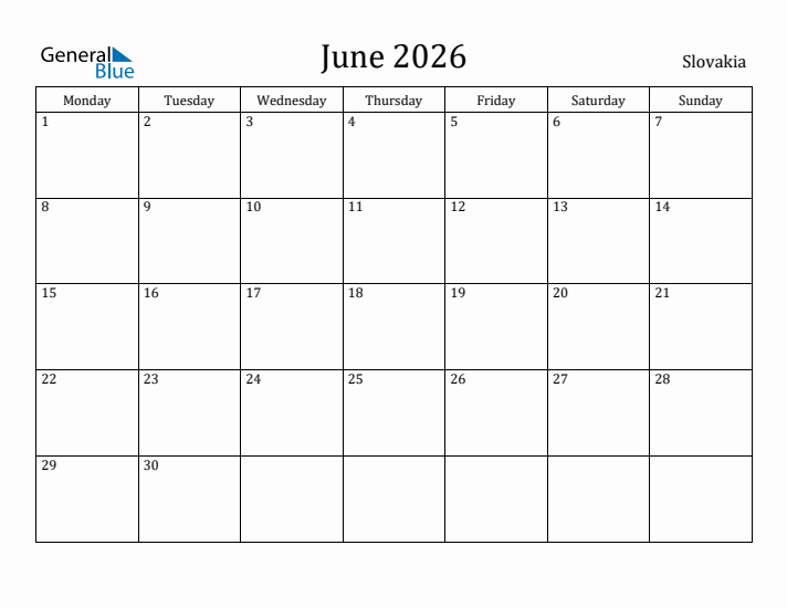 June 2026 Calendar Slovakia
