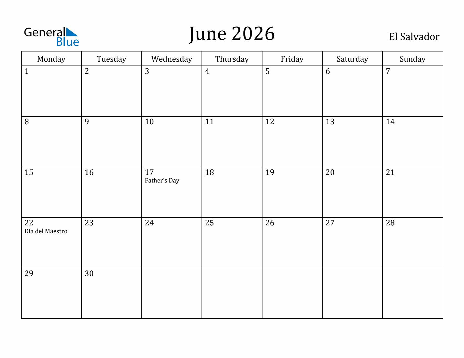 June 2026 Calendar El Salvador