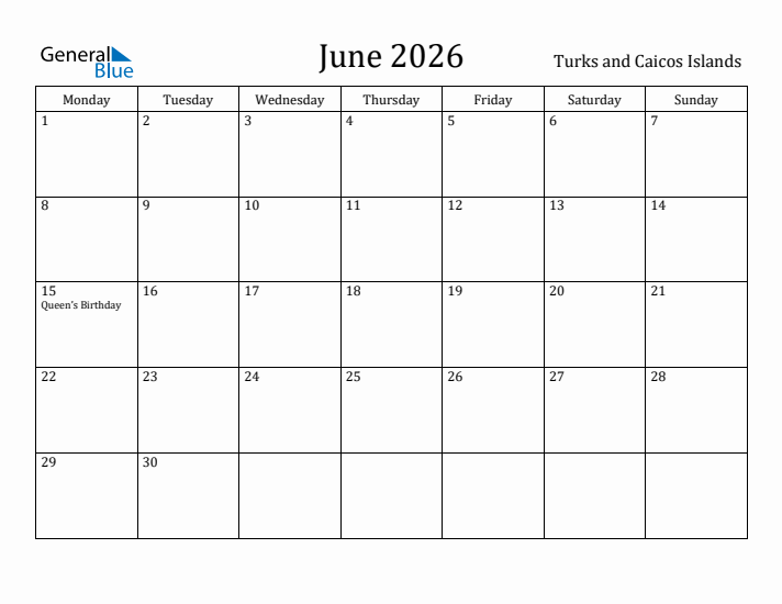 June 2026 Calendar Turks and Caicos Islands