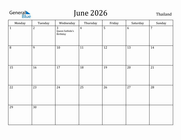 June 2026 Calendar Thailand