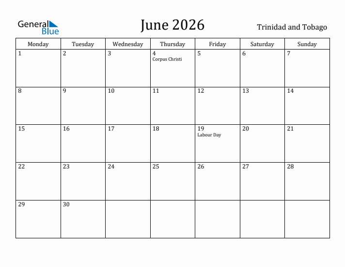 June 2026 Calendar Trinidad and Tobago