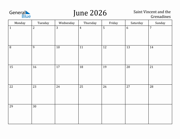 June 2026 Calendar Saint Vincent and the Grenadines