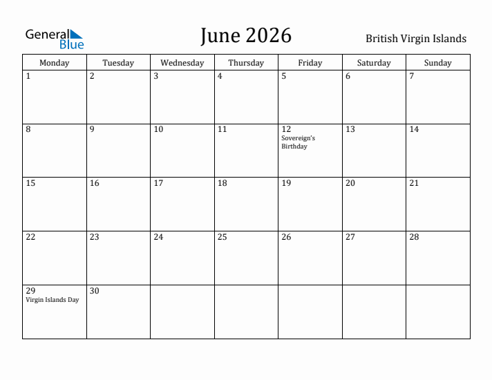 June 2026 Calendar British Virgin Islands