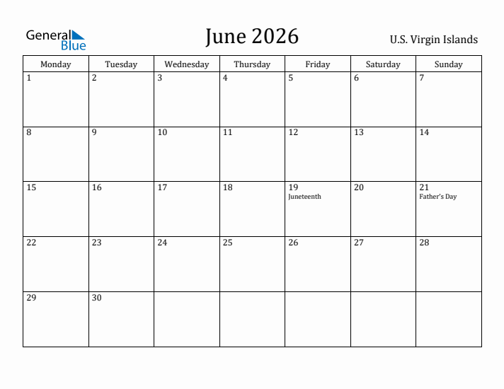June 2026 Calendar U.S. Virgin Islands