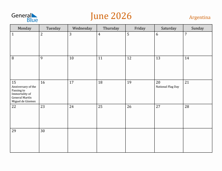 June 2026 Holiday Calendar with Monday Start