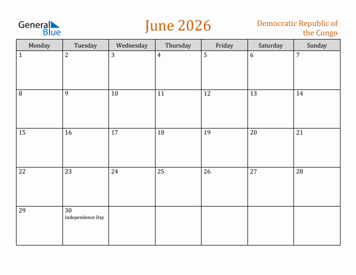 June 2026 Holiday Calendar with Monday Start
