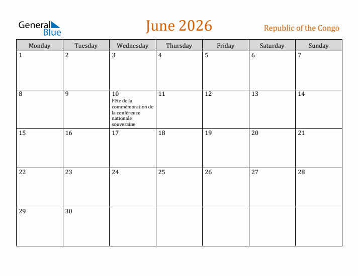 June 2026 Holiday Calendar with Monday Start