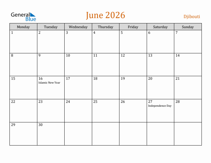 June 2026 Holiday Calendar with Monday Start