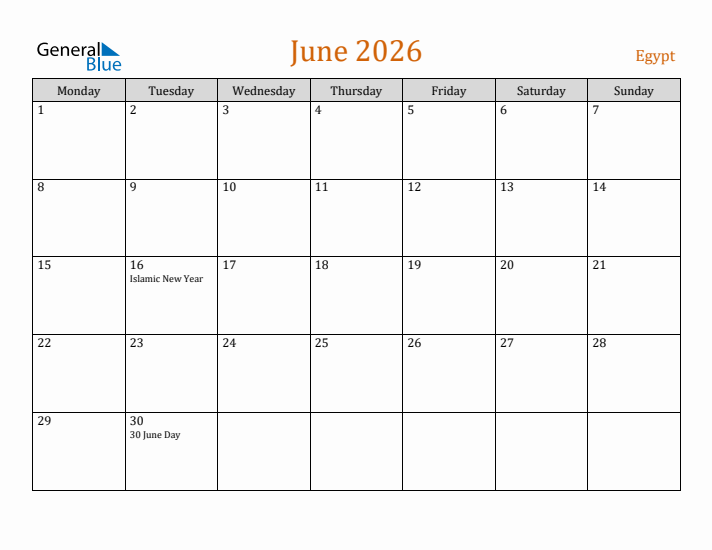 June 2026 Holiday Calendar with Monday Start