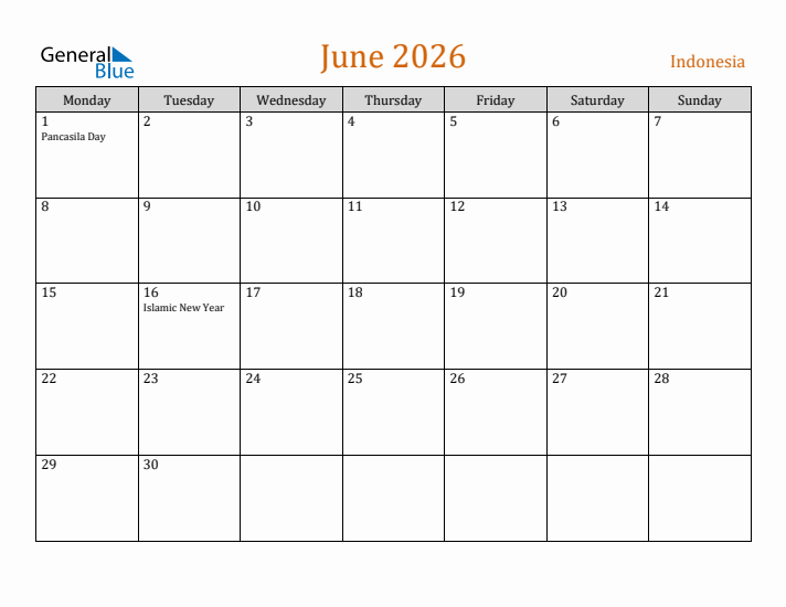 June 2026 Holiday Calendar with Monday Start