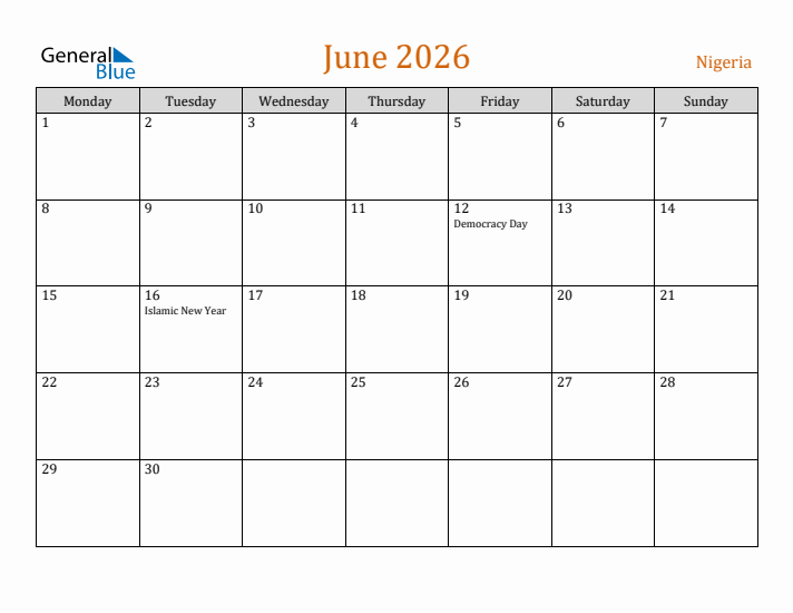 June 2026 Holiday Calendar with Monday Start