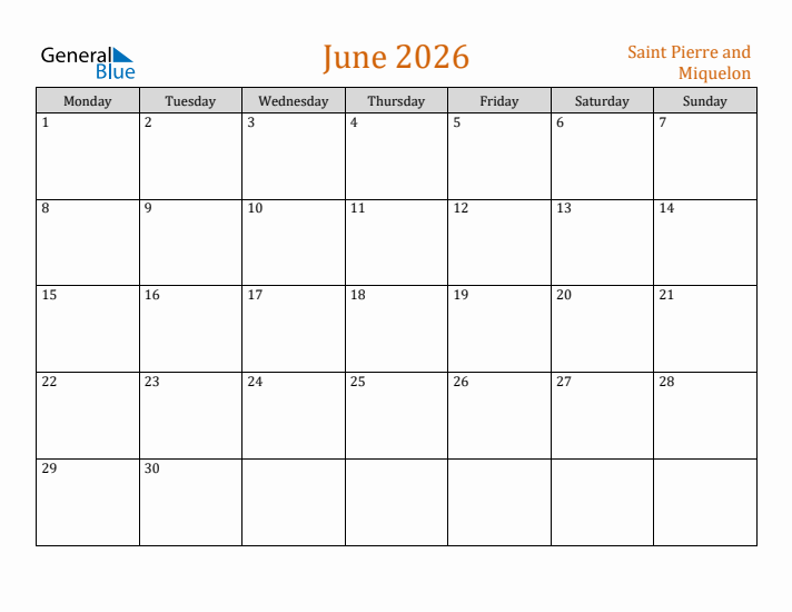 June 2026 Holiday Calendar with Monday Start
