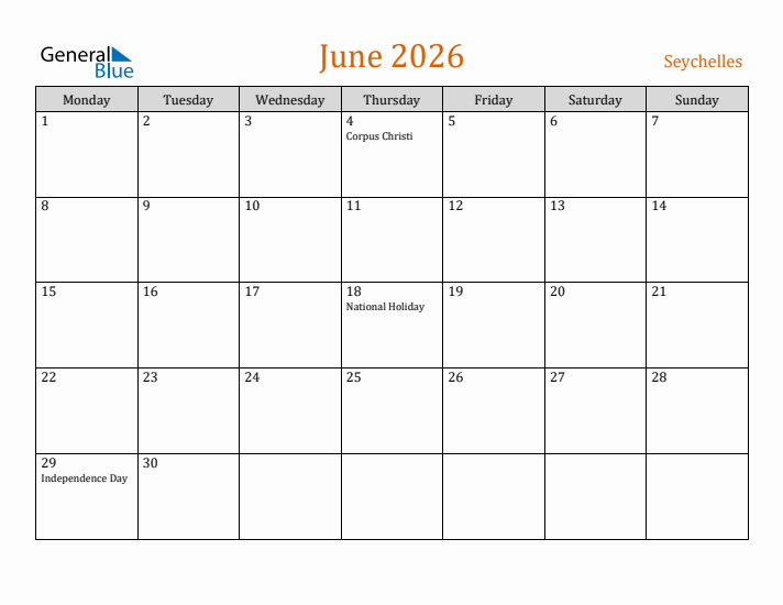 June 2026 Holiday Calendar with Monday Start