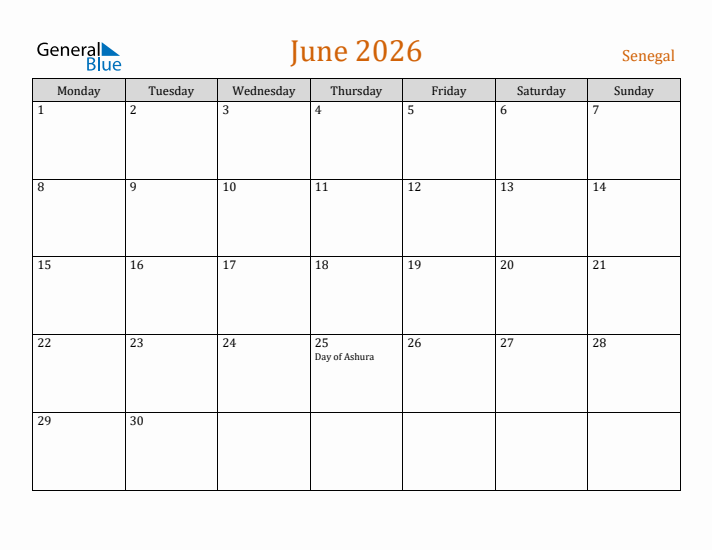 June 2026 Holiday Calendar with Monday Start