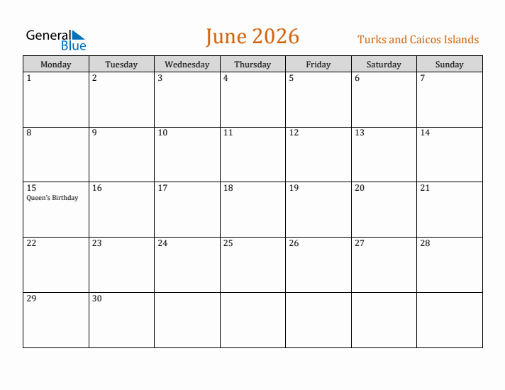 June 2026 Holiday Calendar with Monday Start