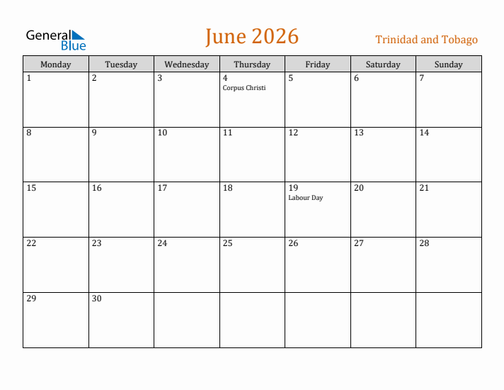 June 2026 Holiday Calendar with Monday Start