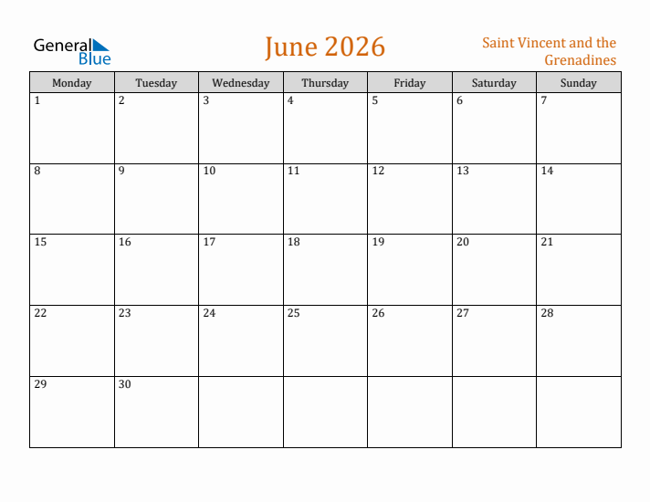 June 2026 Holiday Calendar with Monday Start