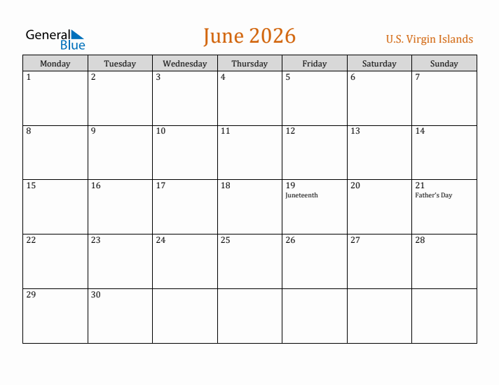 June 2026 Holiday Calendar with Monday Start