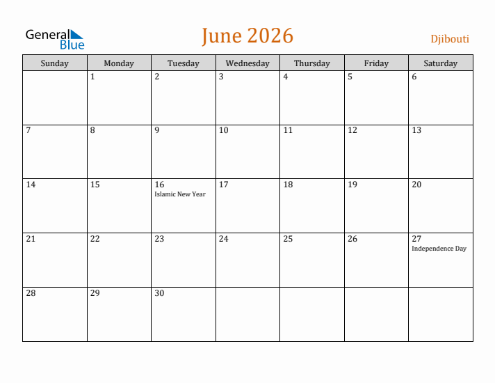 June 2026 Holiday Calendar with Sunday Start