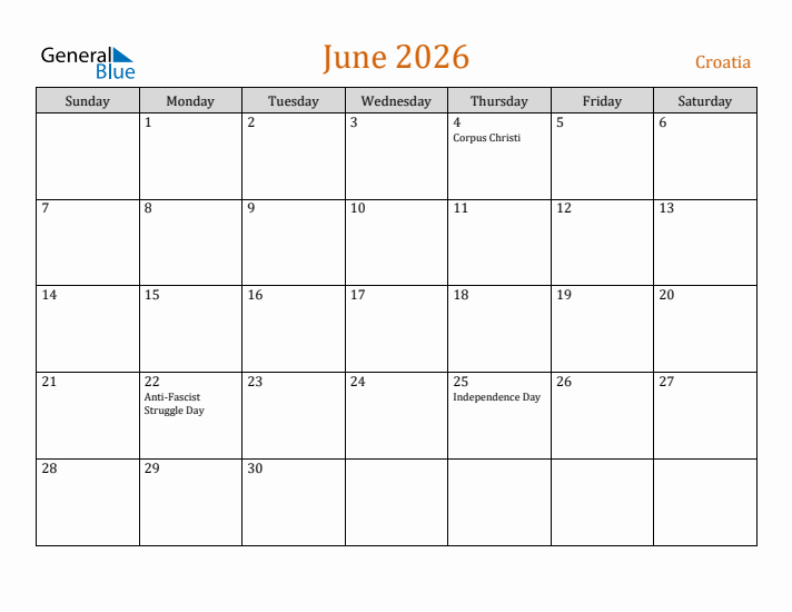 June 2026 Holiday Calendar with Sunday Start