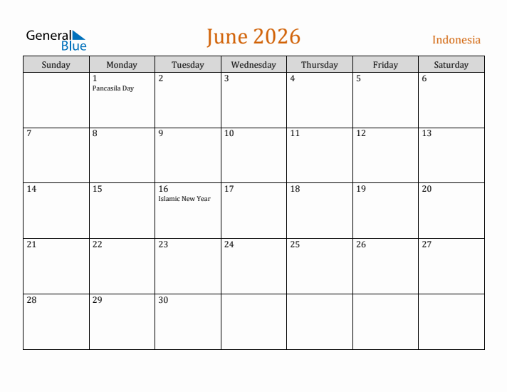 June 2026 Holiday Calendar with Sunday Start