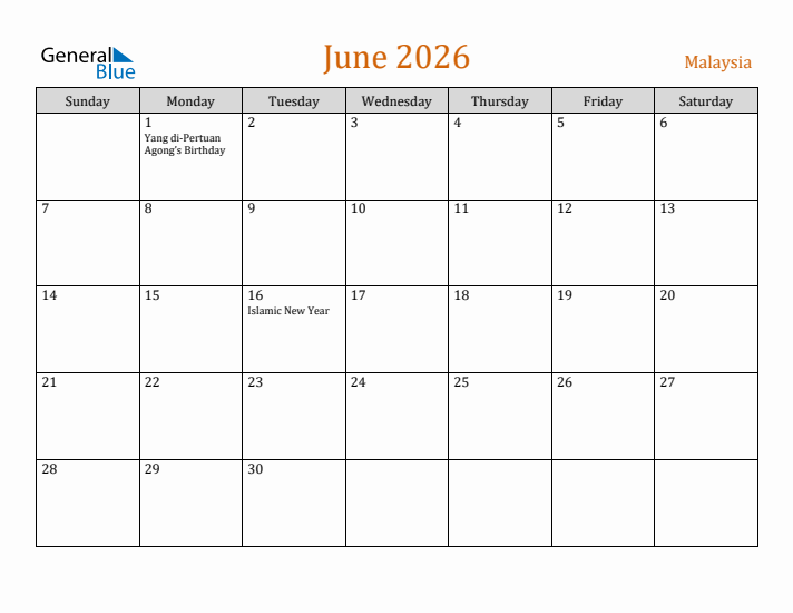 June 2026 Holiday Calendar with Sunday Start