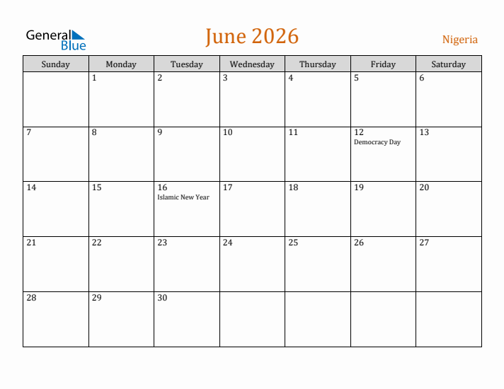 June 2026 Holiday Calendar with Sunday Start