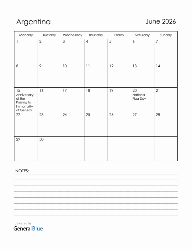 June 2026 Argentina Calendar with Holidays (Monday Start)