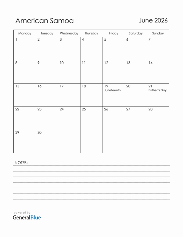June 2026 American Samoa Calendar with Holidays (Monday Start)