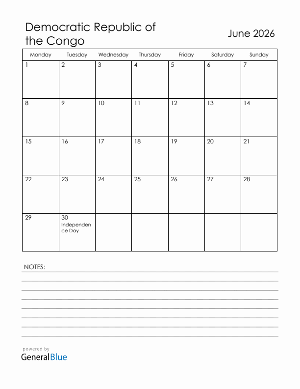 June 2026 Democratic Republic of the Congo Calendar with Holidays (Monday Start)