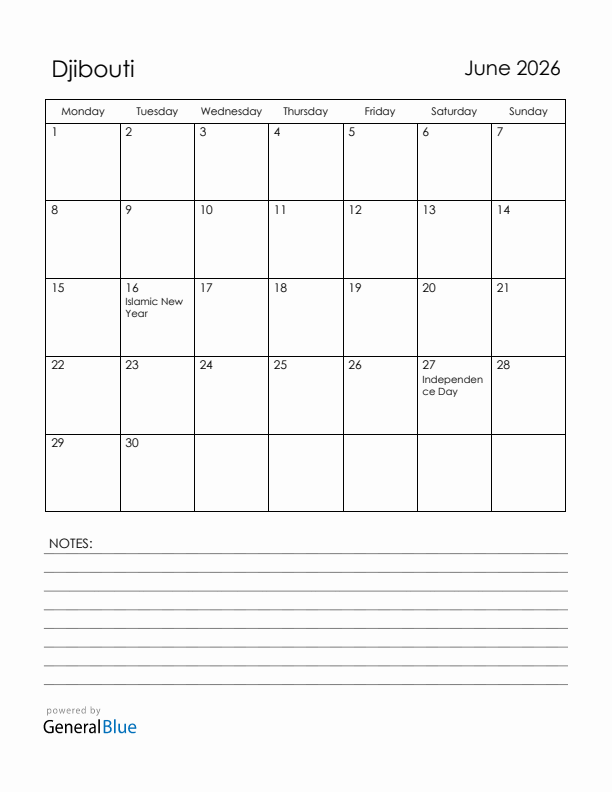 June 2026 Djibouti Calendar with Holidays (Monday Start)