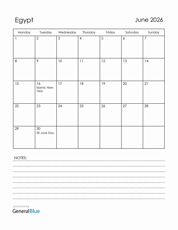 June 2026 Egypt Calendar with Holidays (Monday Start)
